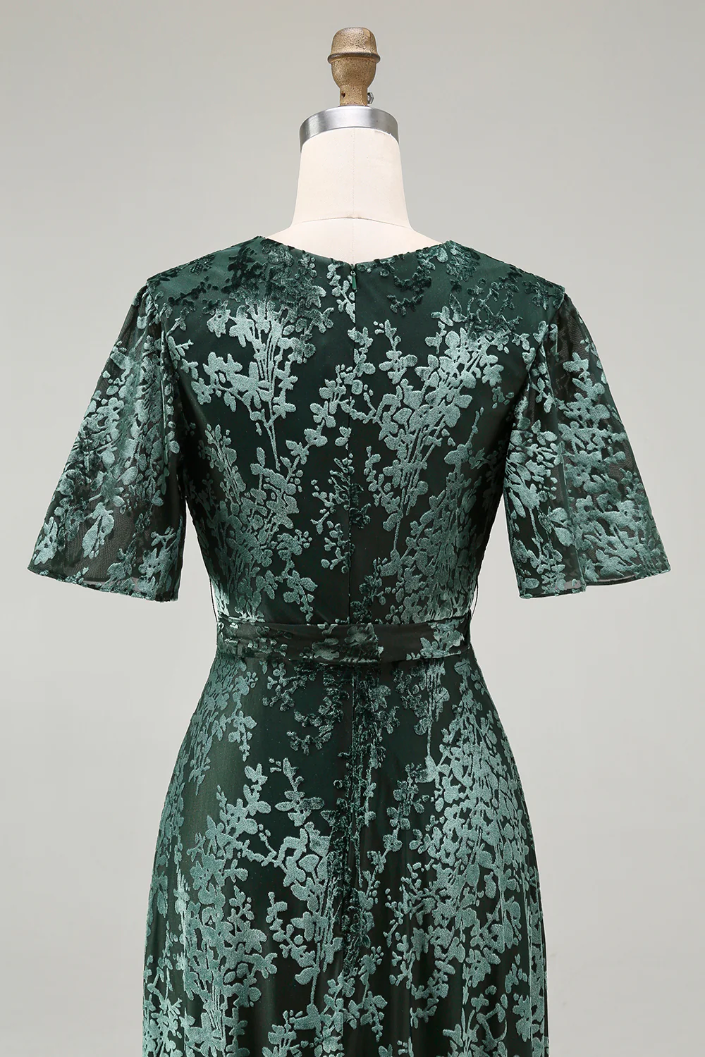 Dark Green A Line Burnout Velvet Long Prom Dress with Short Sleeves - Image 25