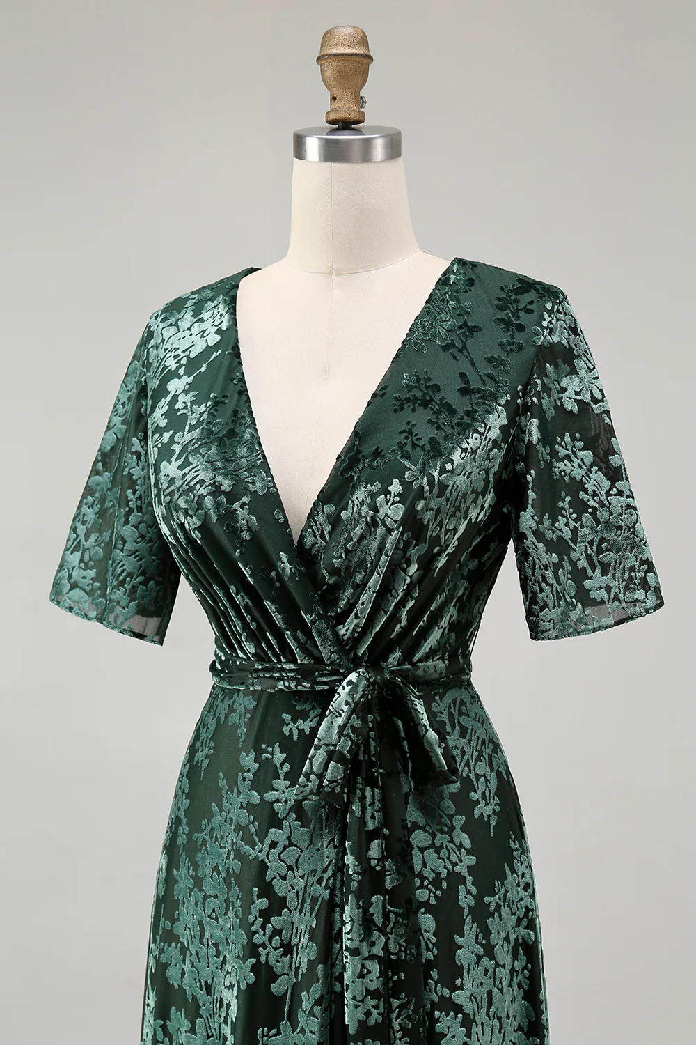 Dark Green A Line Burnout Velvet Long Prom Dress with Short Sleeves - Image 26