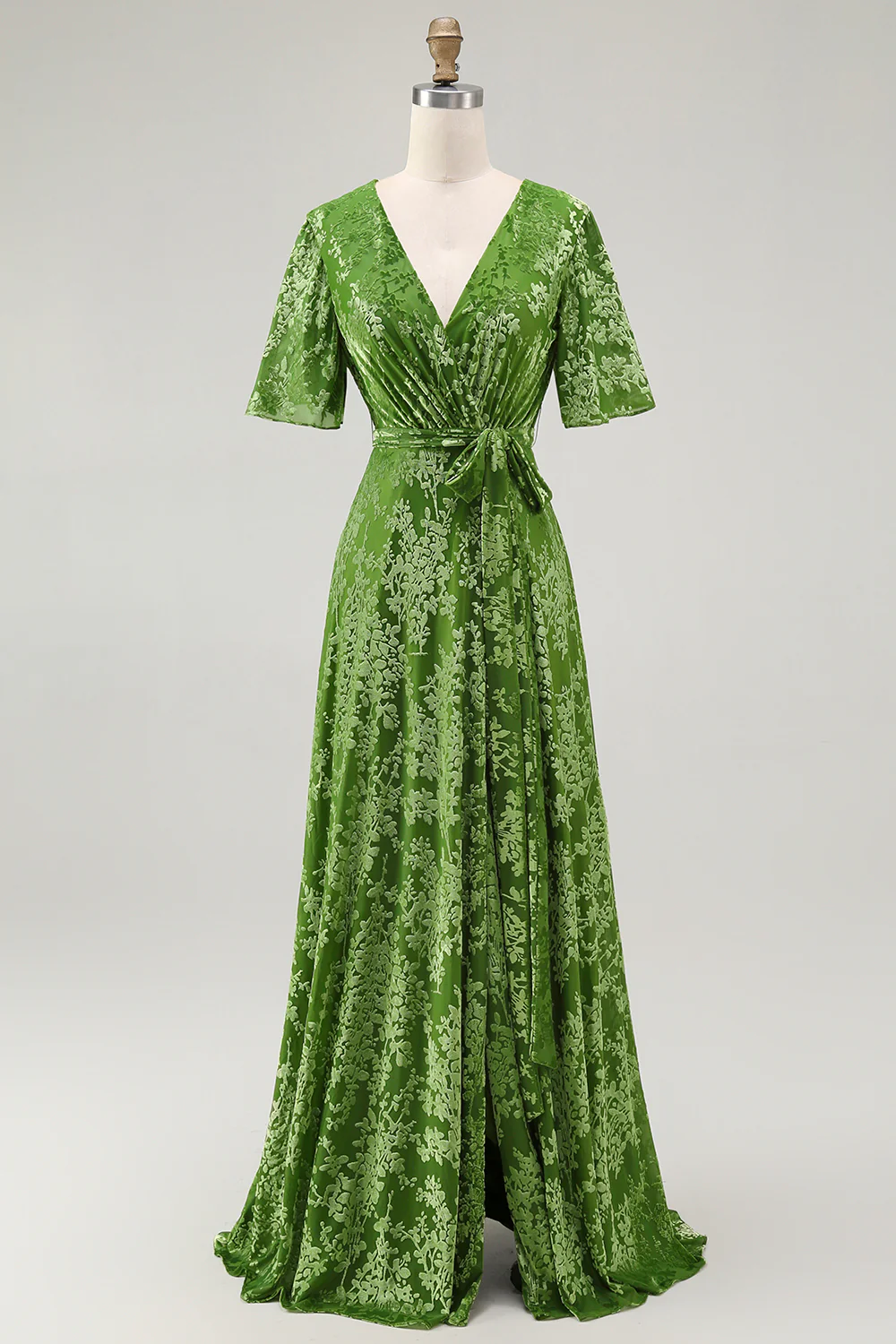Dark Green A Line Burnout Velvet Long Prom Dress with Short Sleeves - Image 15