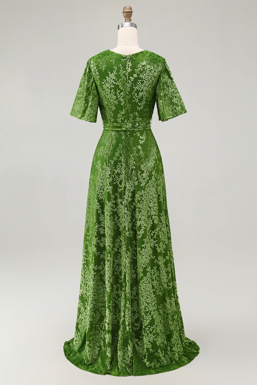 Dark Green A Line Burnout Velvet Long Prom Dress with Short Sleeves - Image 16