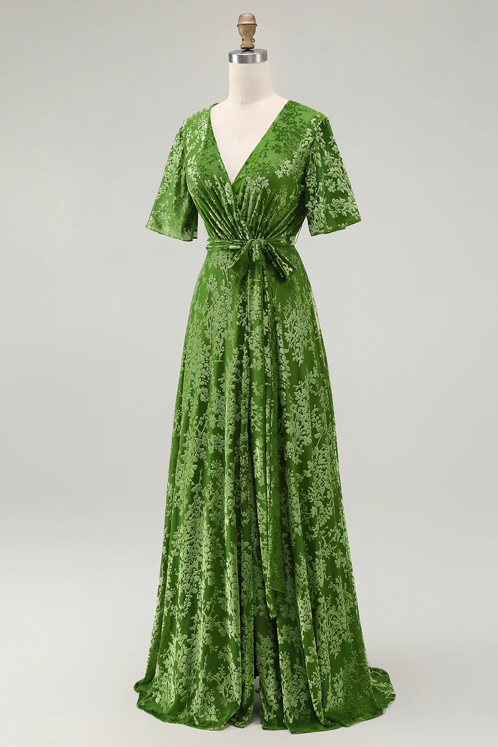 Dark Green A Line Burnout Velvet Long Prom Dress with Short Sleeves - Image 17