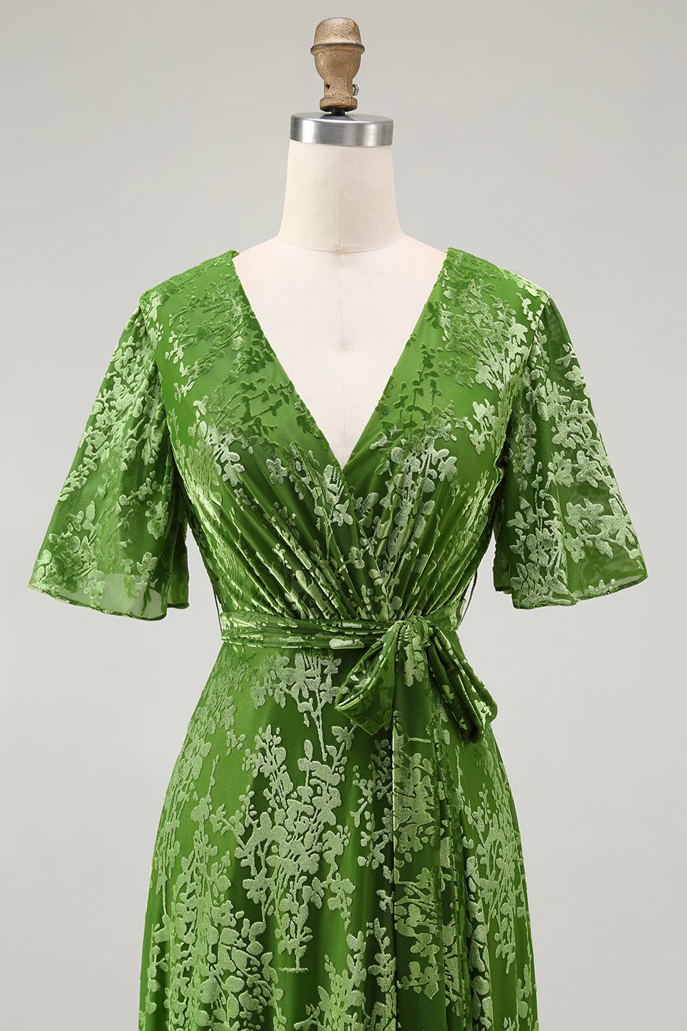 Dark Green A Line Burnout Velvet Long Prom Dress with Short Sleeves - Image 18