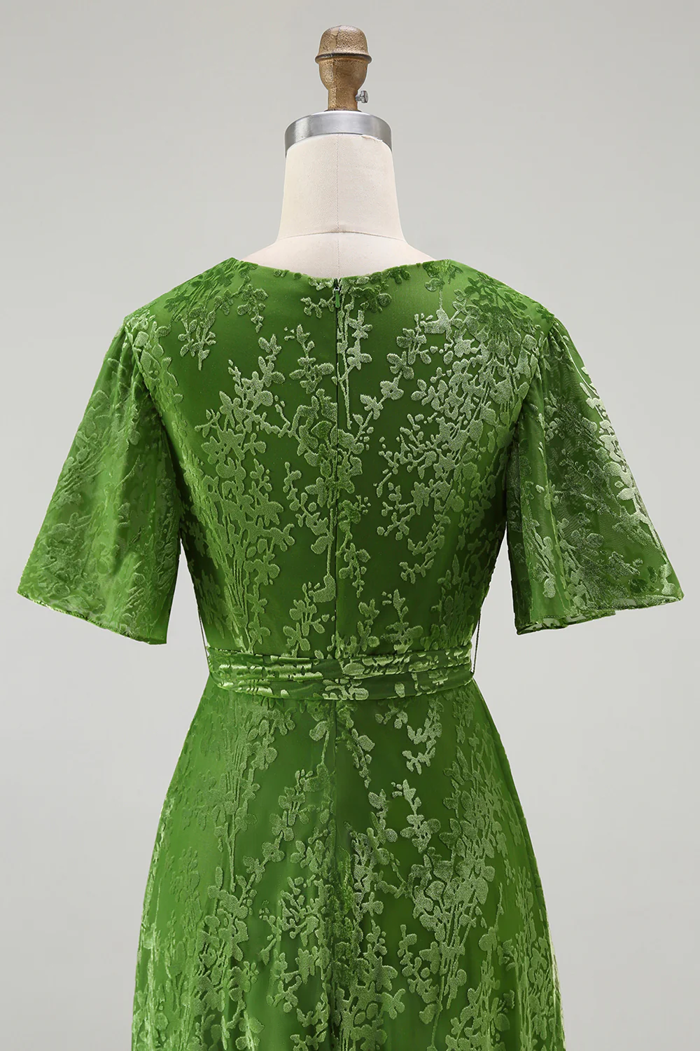 Dark Green A Line Burnout Velvet Long Prom Dress with Short Sleeves - Image 19