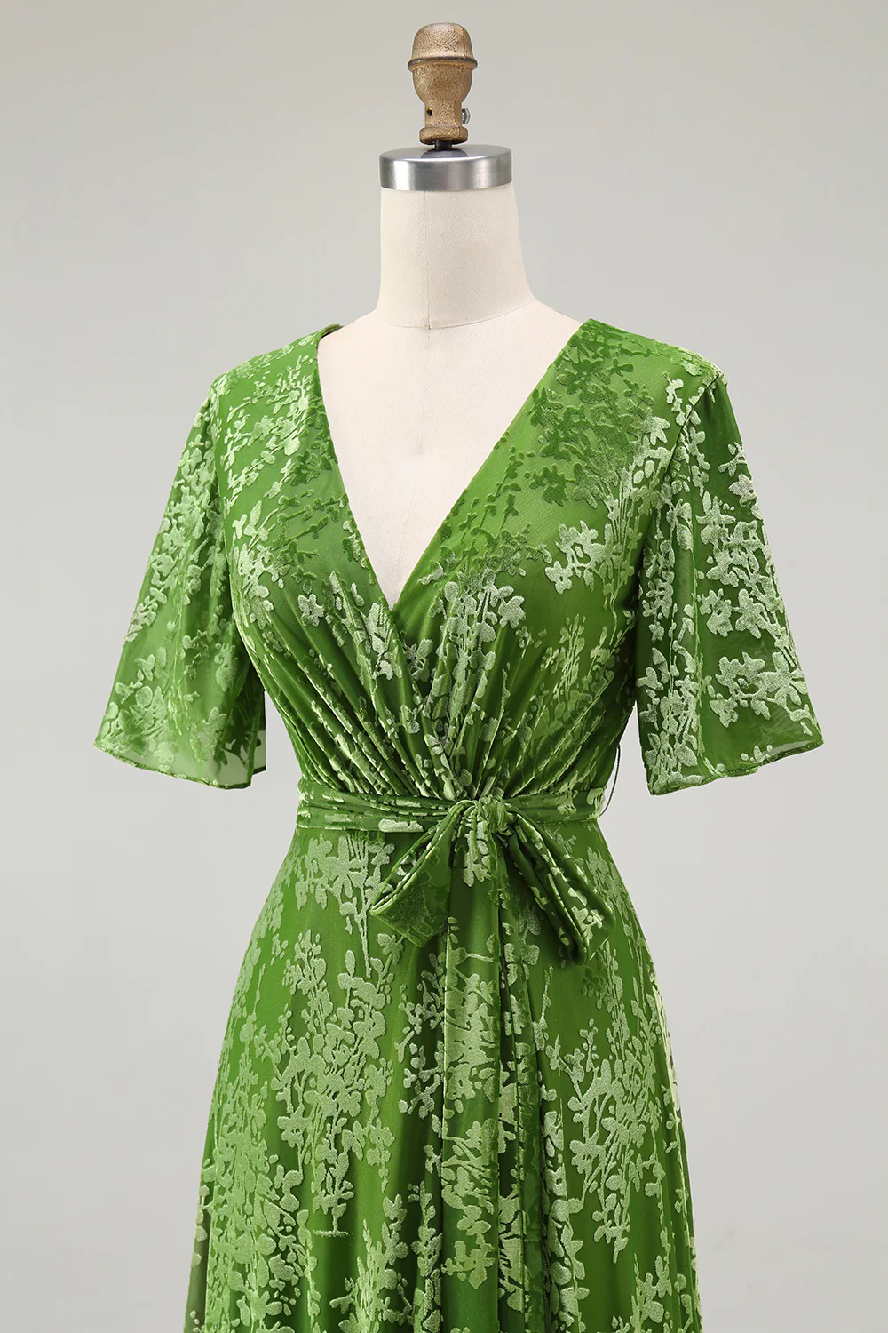 Dark Green A Line Burnout Velvet Long Prom Dress with Short Sleeves - Image 20