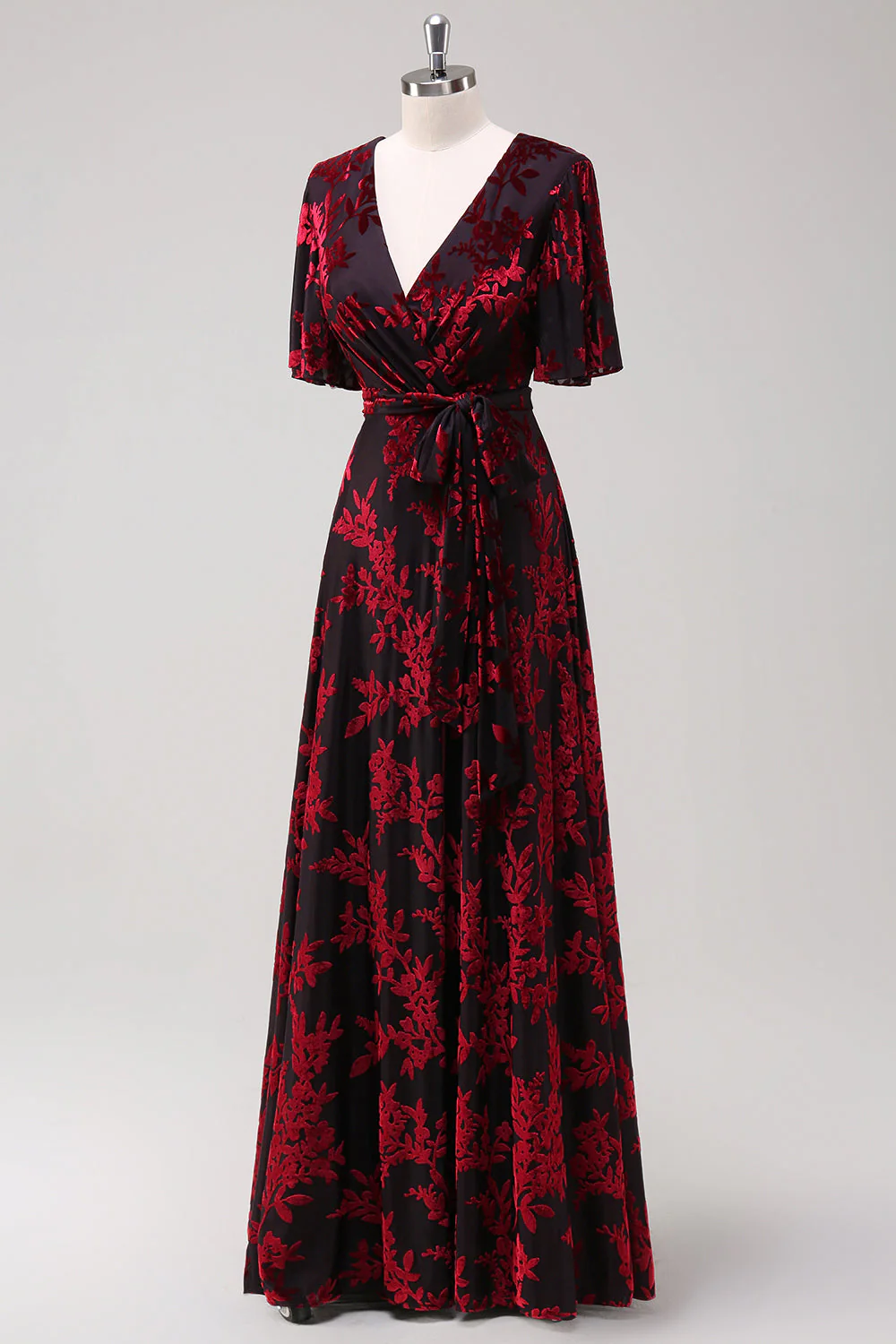 Dark Green A Line Burnout Velvet Long Prom Dress with Short Sleeves - Image 11