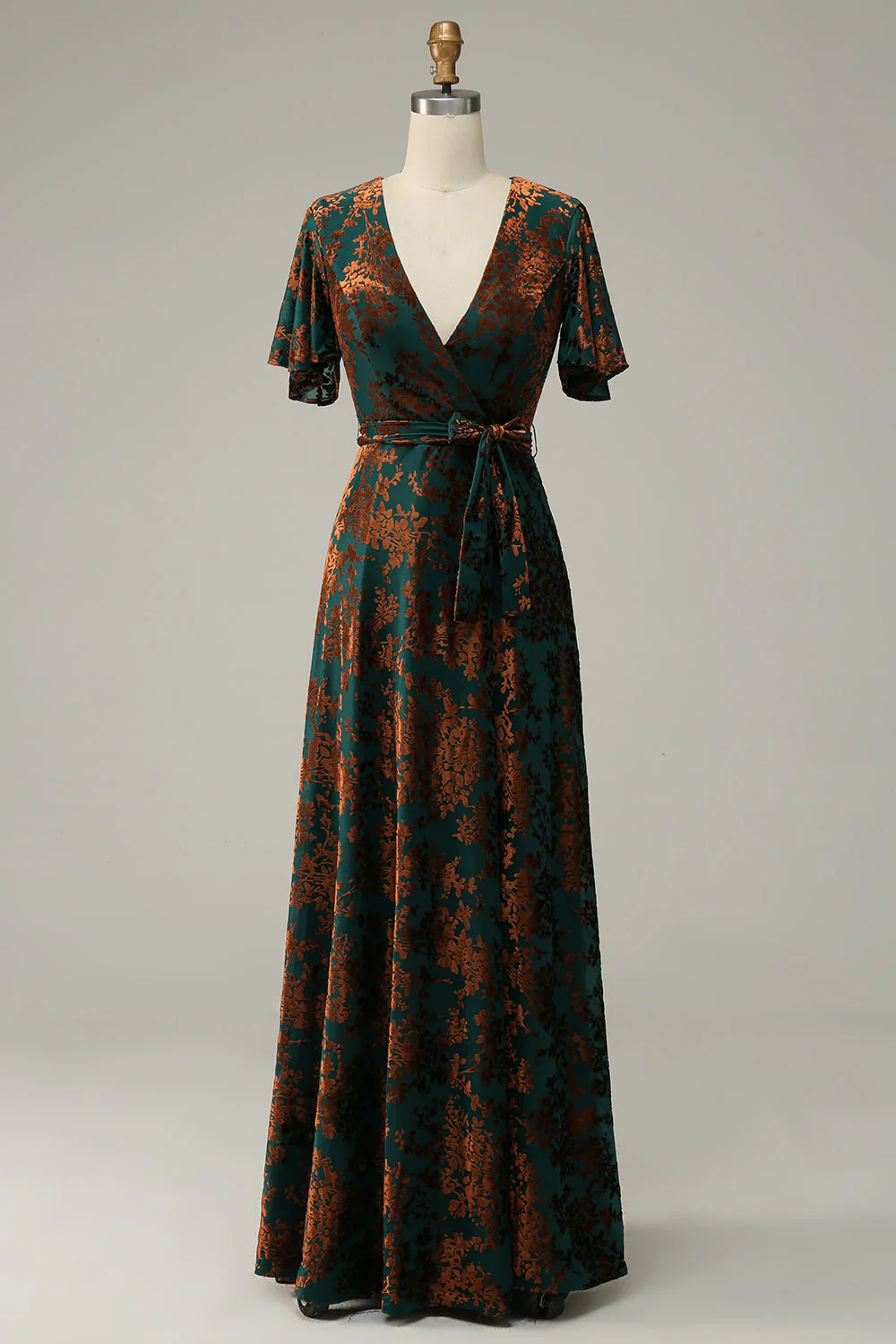 Dark Green A Line Burnout Velvet Long Prom Dress with Short Sleeves - Image 3