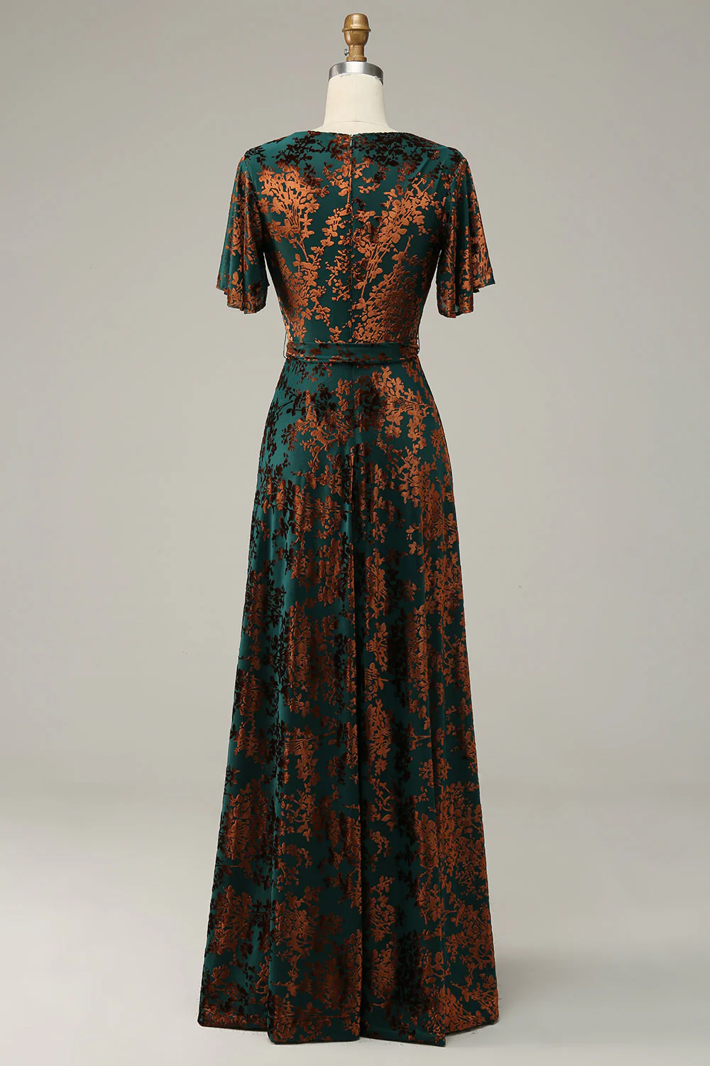 Dark Green A Line Burnout Velvet Long Prom Dress with Short Sleeves - Image 4