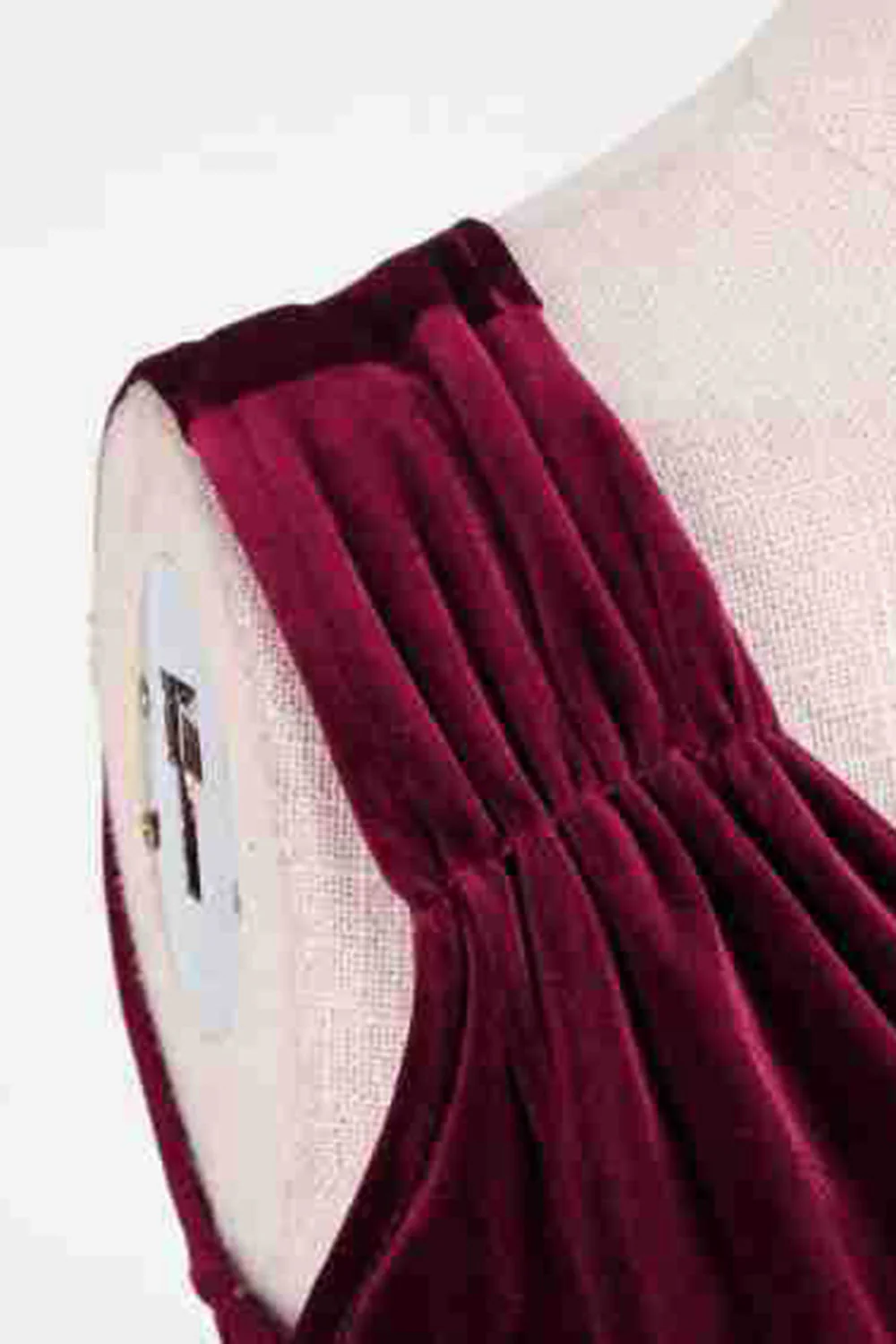 Burgundy A Line V Neck Pleated Short Vintage 1950s Dress - Image 2