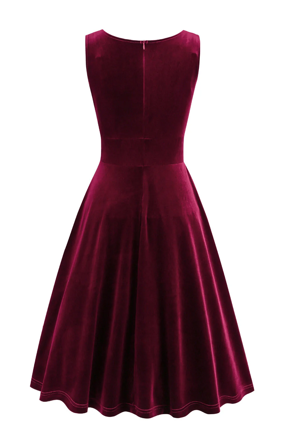 Burgundy A Line V Neck Pleated Short Vintage 1950s Dress - Image 3