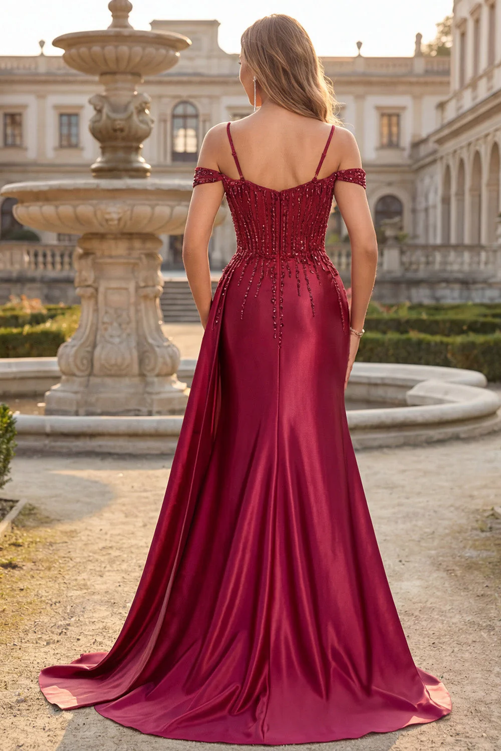 Burgundy Cold Shoulder Mermaid Sequin Long Prom Dress with Slit - Image 2