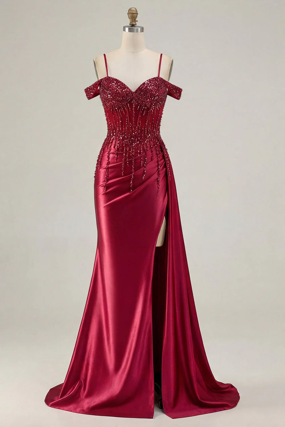 Burgundy Cold Shoulder Mermaid Sequin Long Prom Dress with Slit - Image 5