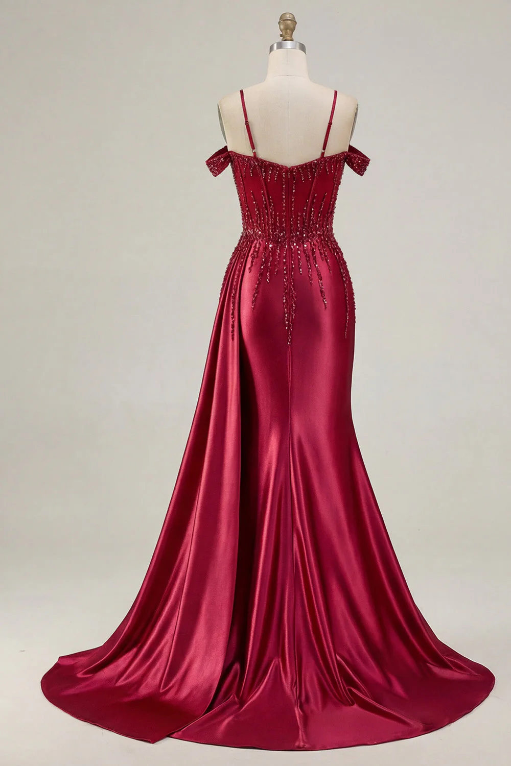 Burgundy Cold Shoulder Mermaid Sequin Long Prom Dress with Slit - Image 6