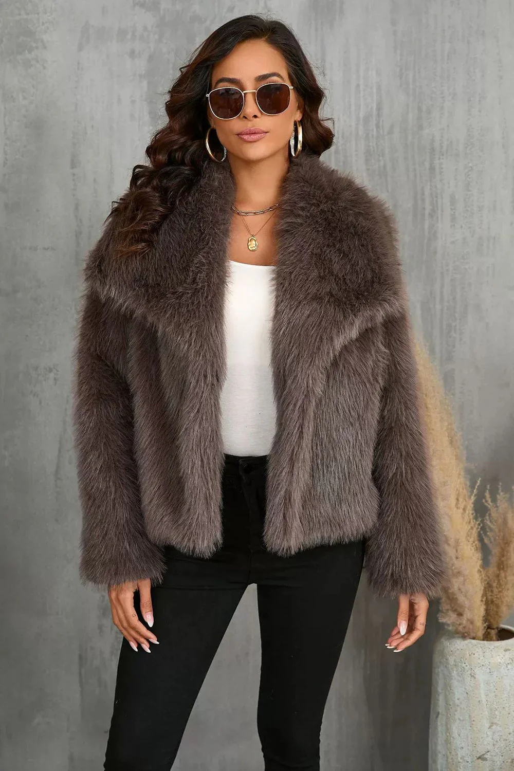 Burgundy Faux Fur Long Sleeve Shawl Lapel Women Winter Coat - Image 3