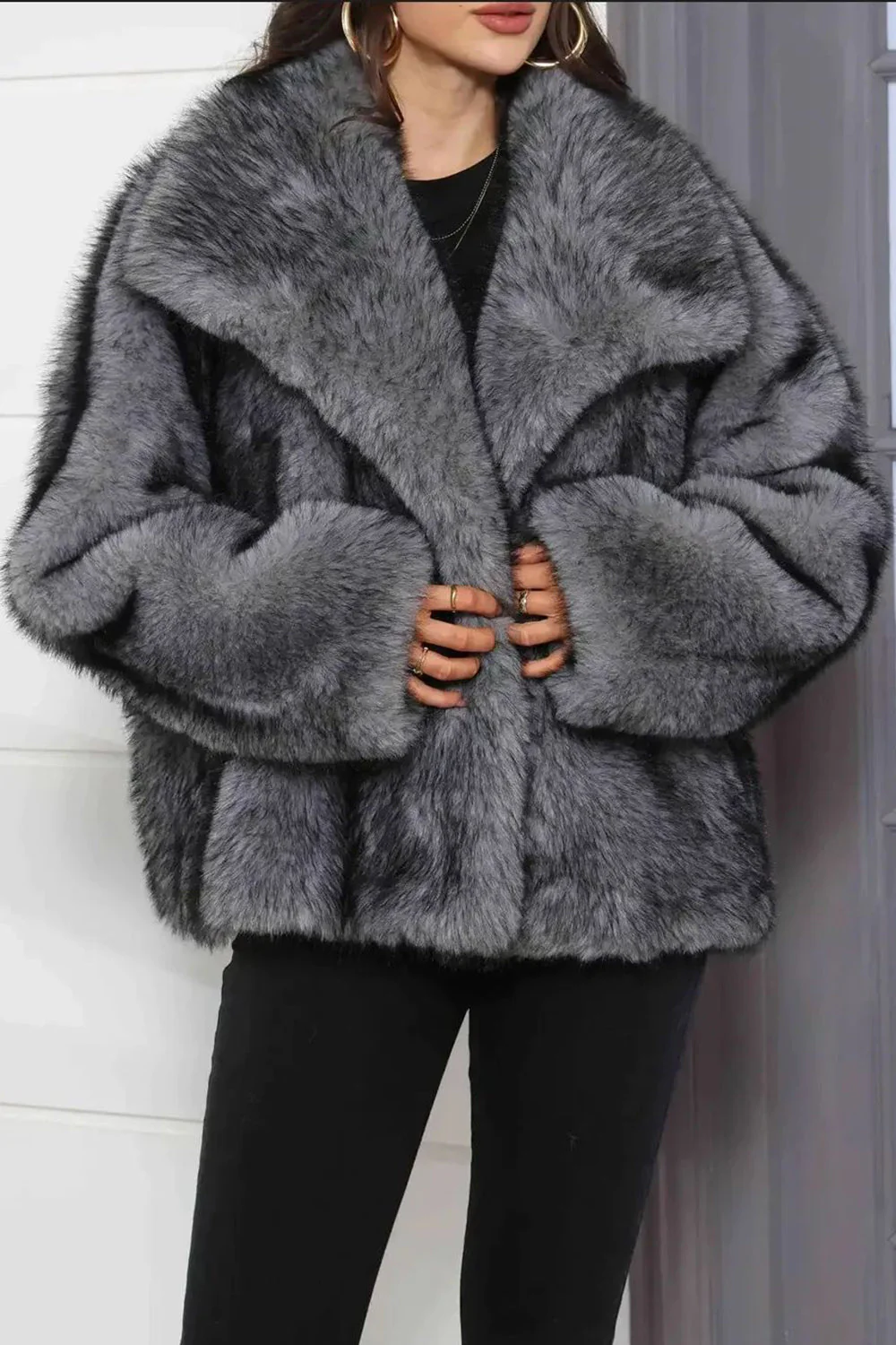 Burgundy Faux Fur Long Sleeve Shawl Lapel Women Winter Coat - Image 5