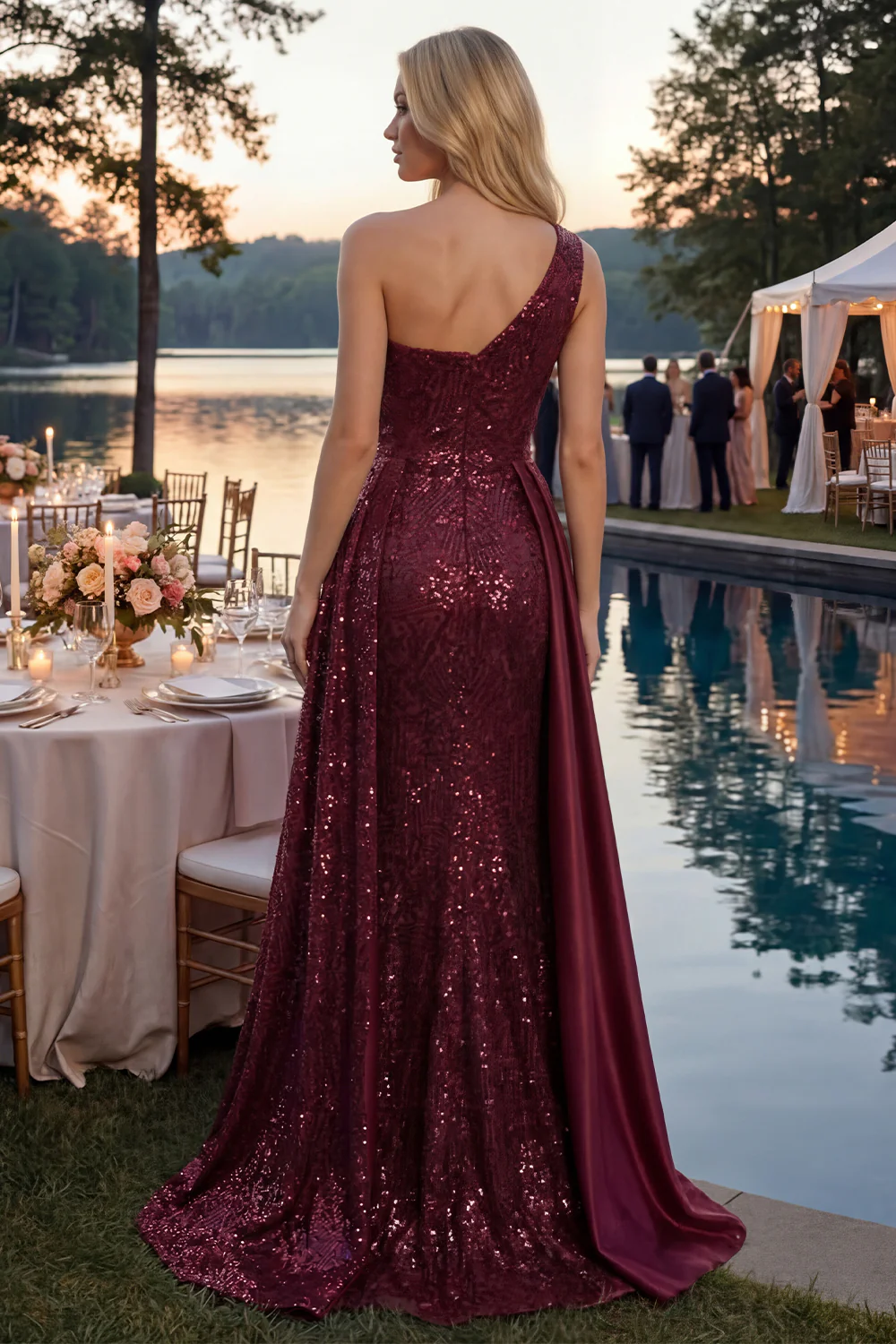 Burgundy One Shoulder Sequin A Line Ruched Long Prom Dress with Slit - Image 2