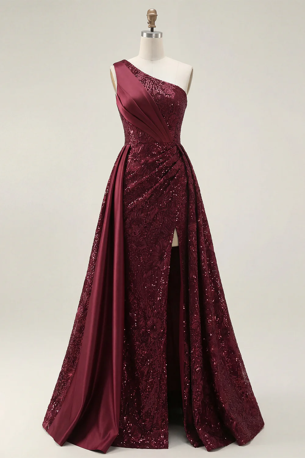 Burgundy One Shoulder Sequin A Line Ruched Long Prom Dress with Slit - Image 3