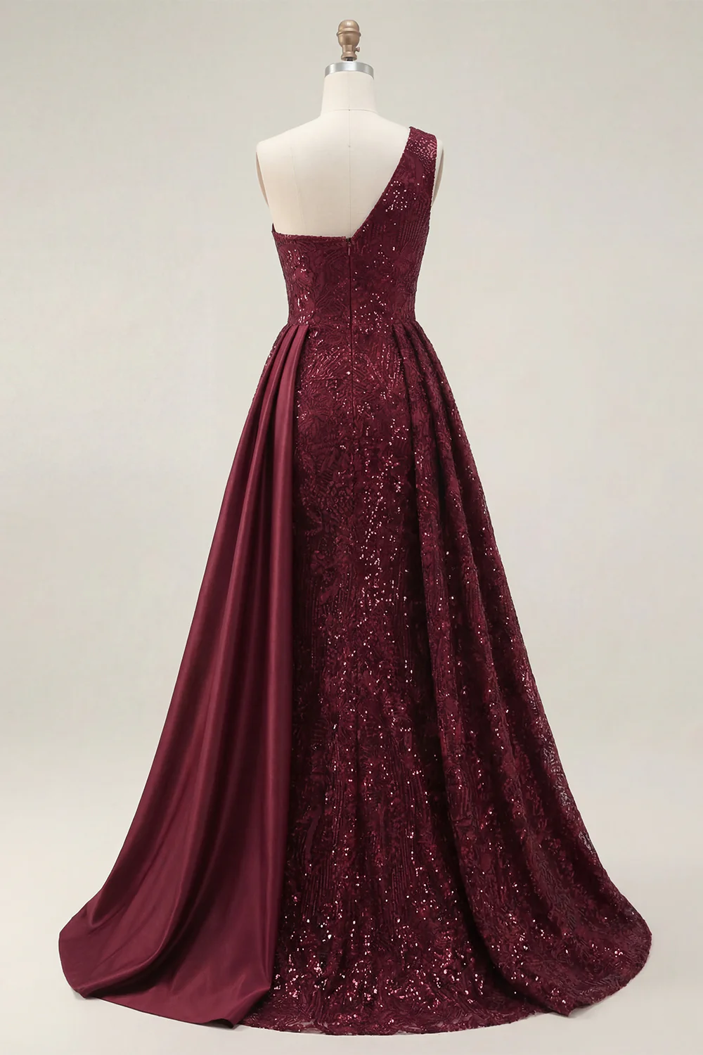 Burgundy One Shoulder Sequin A Line Ruched Long Prom Dress with Slit - Image 4