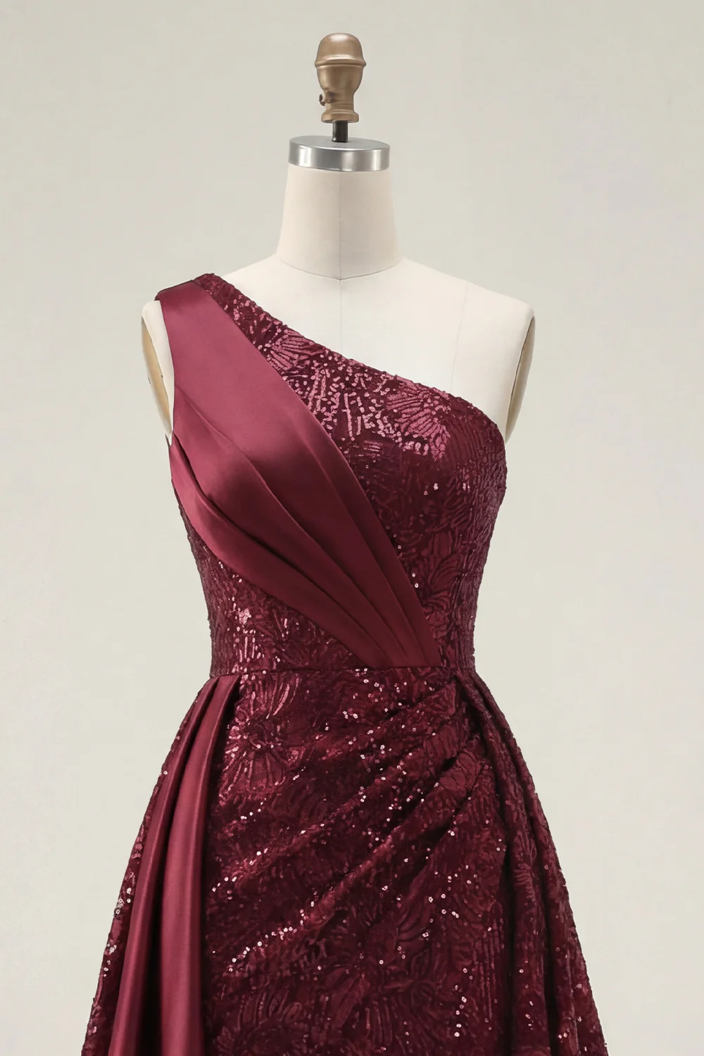 Burgundy One Shoulder Sequin A Line Ruched Long Prom Dress with Slit - Image 5