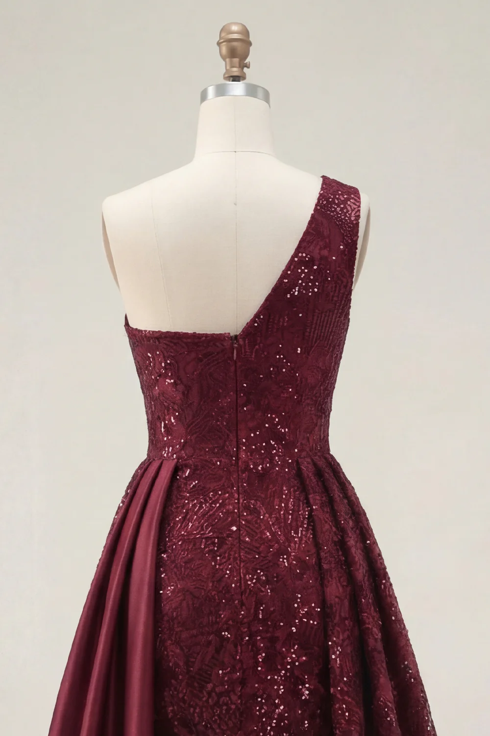 Burgundy One Shoulder Sequin A Line Ruched Long Prom Dress with Slit - Image 6