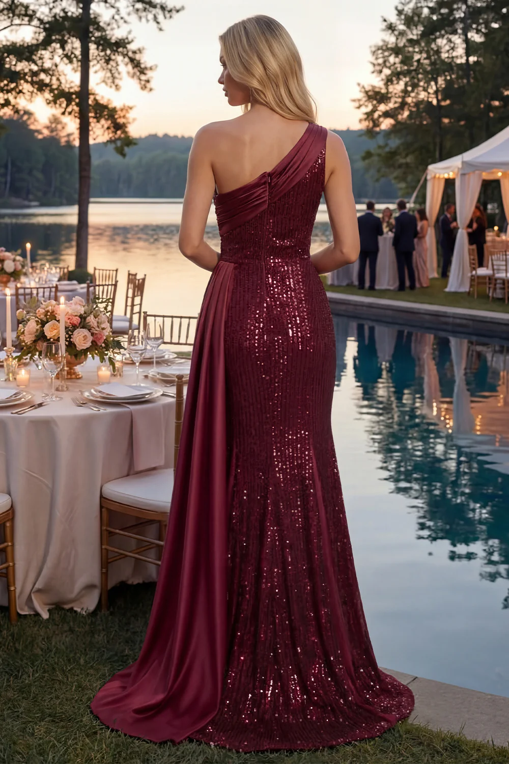 Burgundy One Shoulder Sequins Mermaid Long Prom Dress with Slit - Image 2