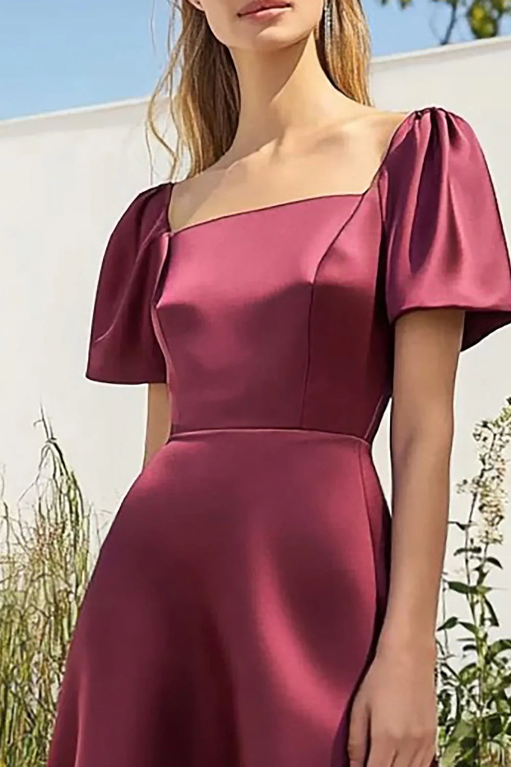 Burgundy Satin Square Neck A-Line Tea Length Formal Dress with Short Sleeves - Image 2