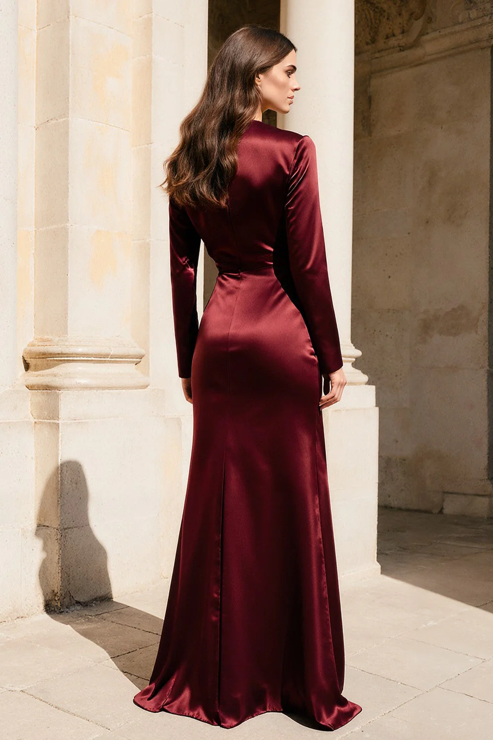 Burgundy Satin V-Neck Long Sleeves Evening Dress - Image 2