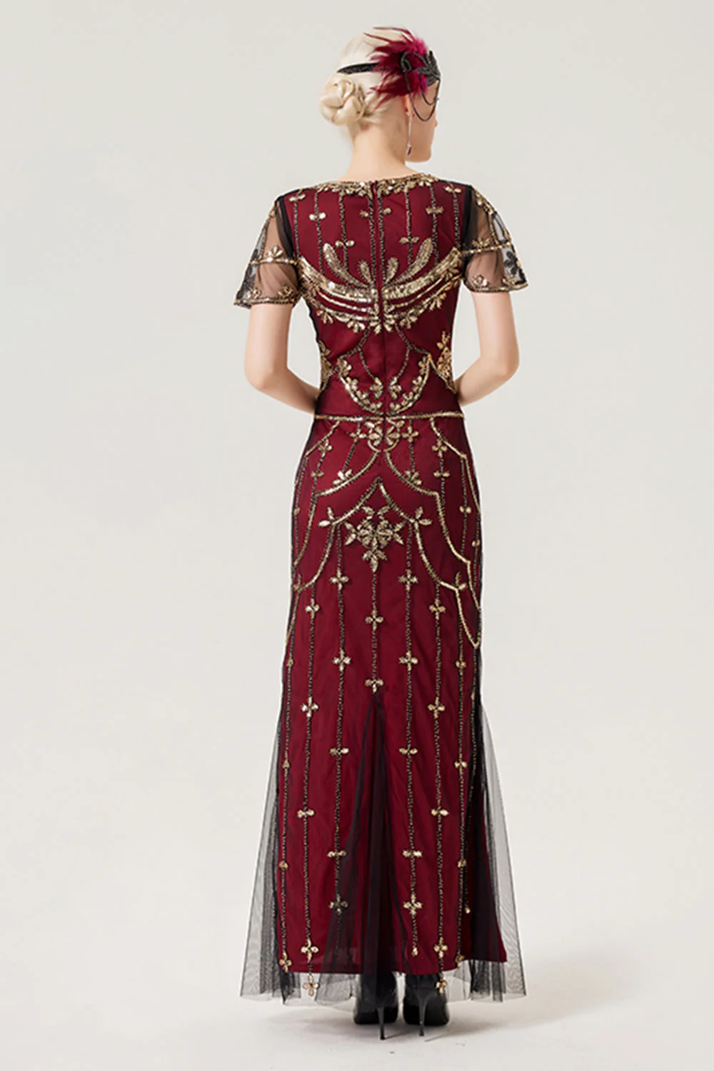 Burgundy Sequins Long 1920s Dress with 20s Accessories Set - Image 2