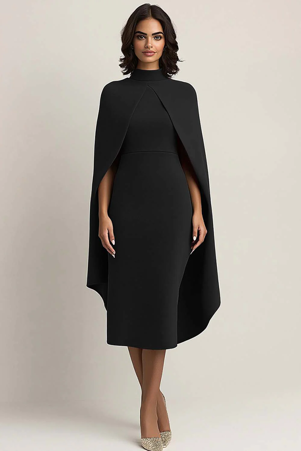 Burgundy Sheath Midi Cape Formal Dress - Image 4