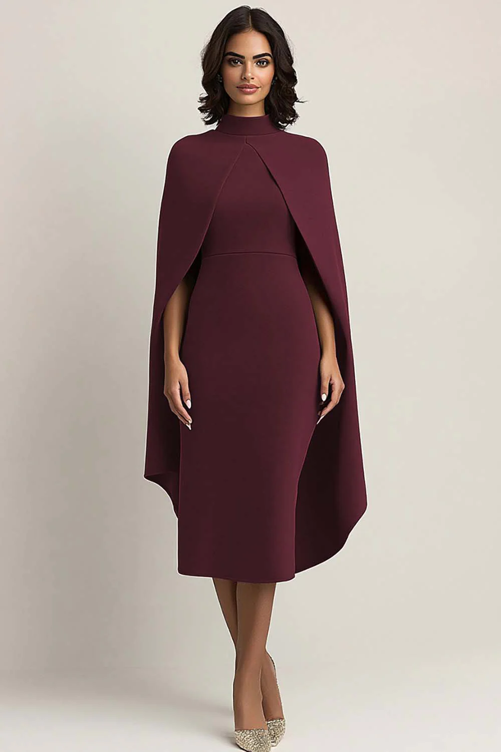 Burgundy Sheath Midi Cape Formal Dress - Image 5