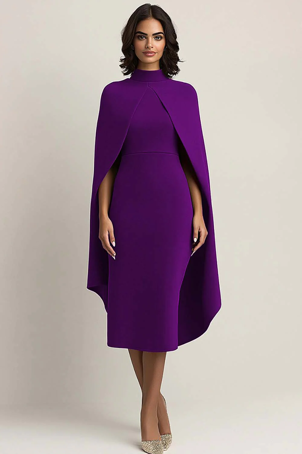 Burgundy Sheath Midi Cape Formal Dress - Image 8