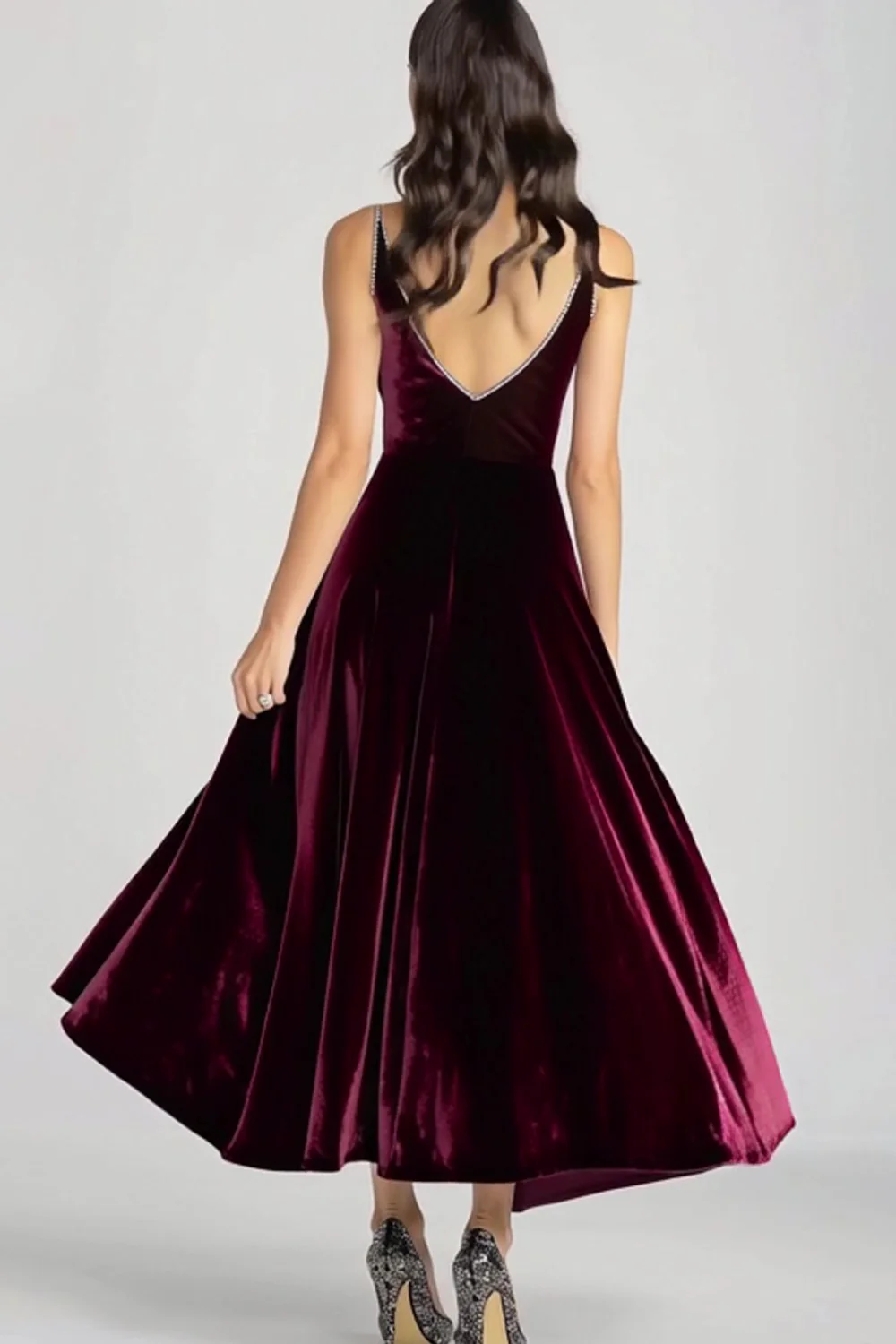 Burgundy Spaghetti Straps V Neck Velvet Formal Dress - Image 2