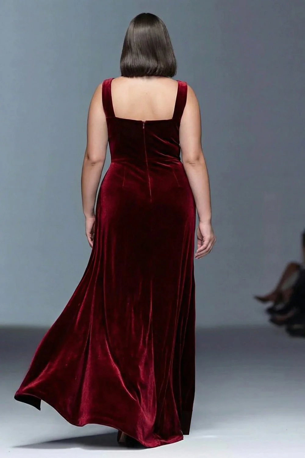 Burgundy A-Line Velvet Ruched Long Plus Size Formal Dress with Slit - Image 2