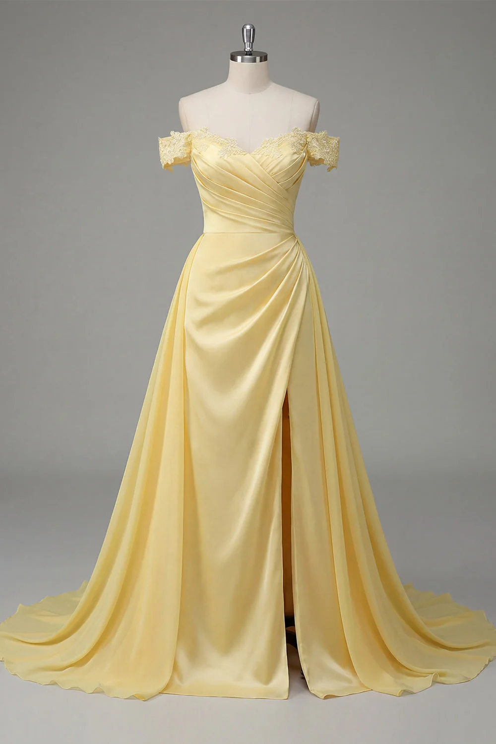 Butter Yellow A-Line Off the Shoulder Ruched Maxi Dress with Slit