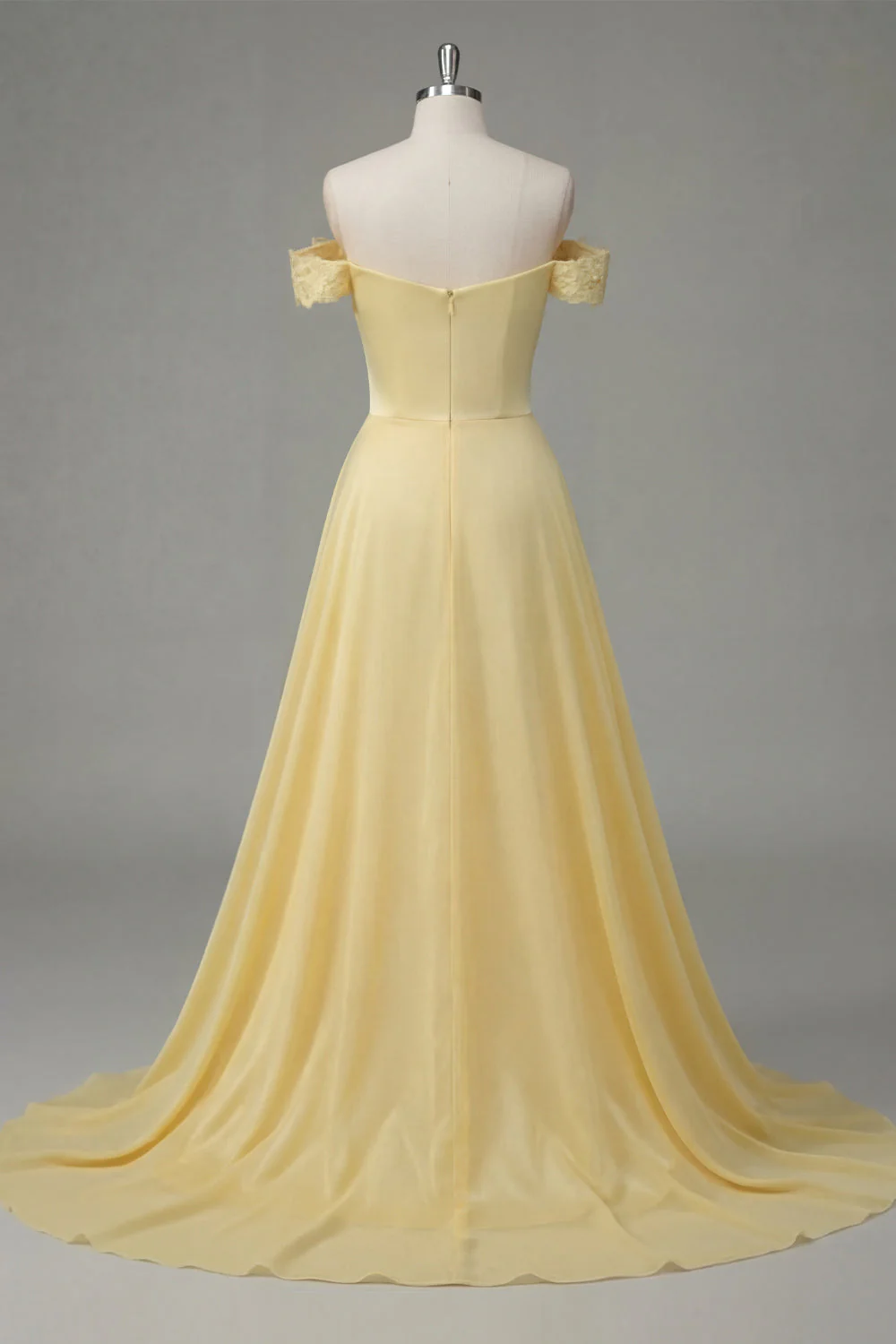 Butter Yellow A-Line Off the Shoulder Ruched Maxi Dress with Slit - Image 2