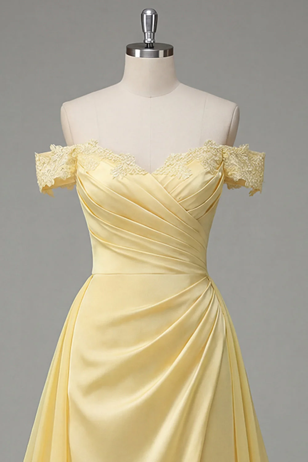 Butter Yellow A-Line Off the Shoulder Ruched Maxi Dress with Slit - Image 3