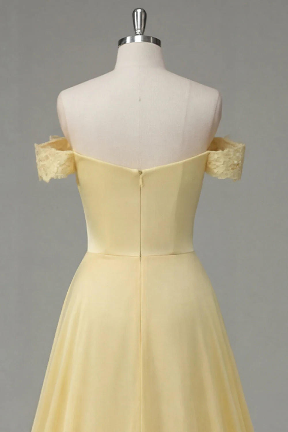 Butter Yellow A-Line Off the Shoulder Ruched Maxi Dress with Slit - Image 4