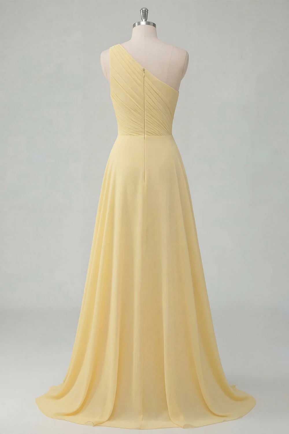 Butter Yellow A-Line One Shoulder Chiffon Ruched Maxi Dress with Slit - Image 2