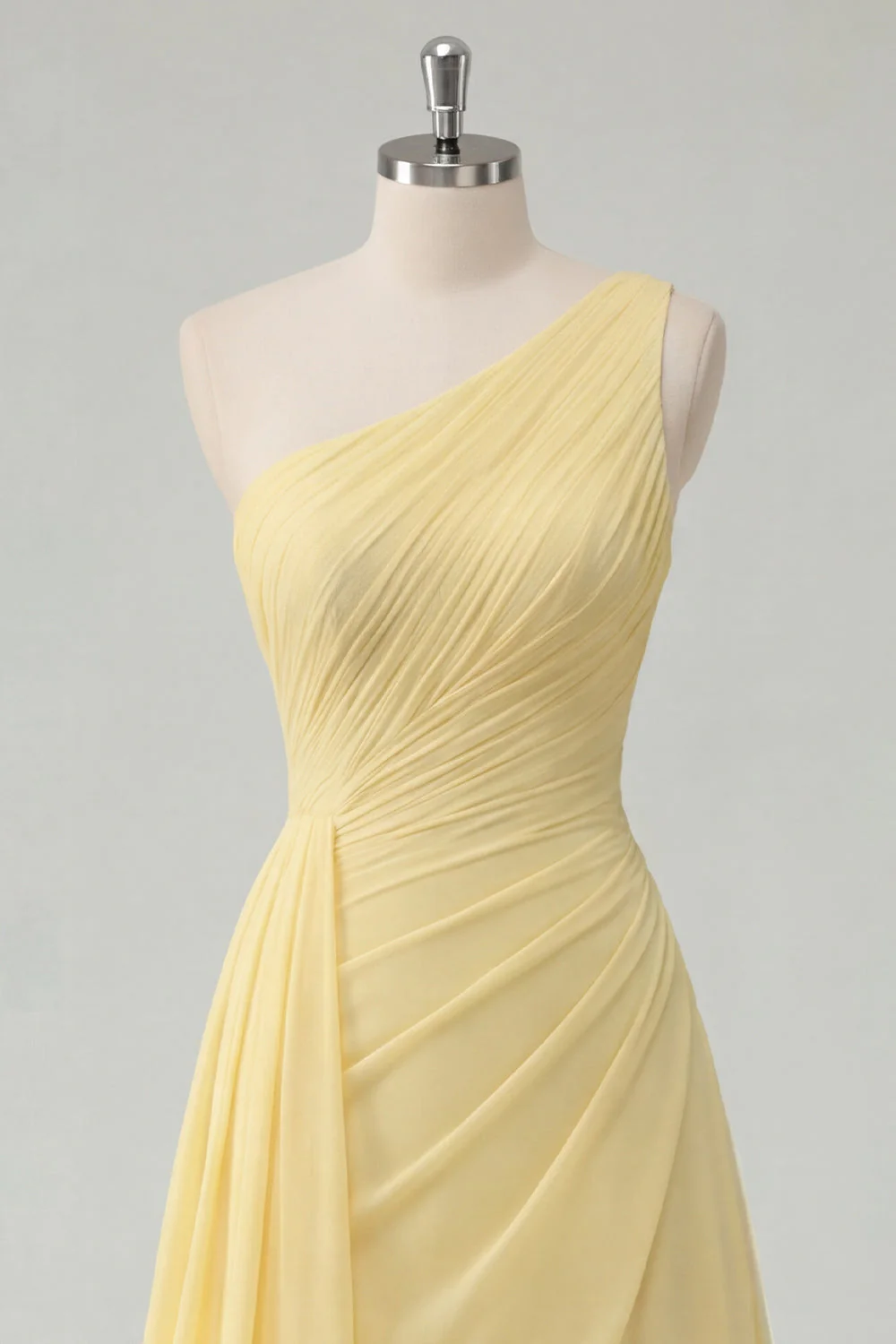 Butter Yellow A-Line One Shoulder Chiffon Ruched Maxi Dress with Slit - Image 3