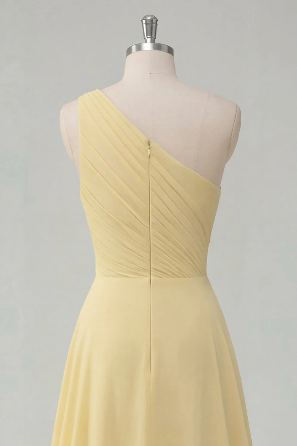 Butter Yellow A-Line One Shoulder Chiffon Ruched Maxi Dress with Slit - Image 4
