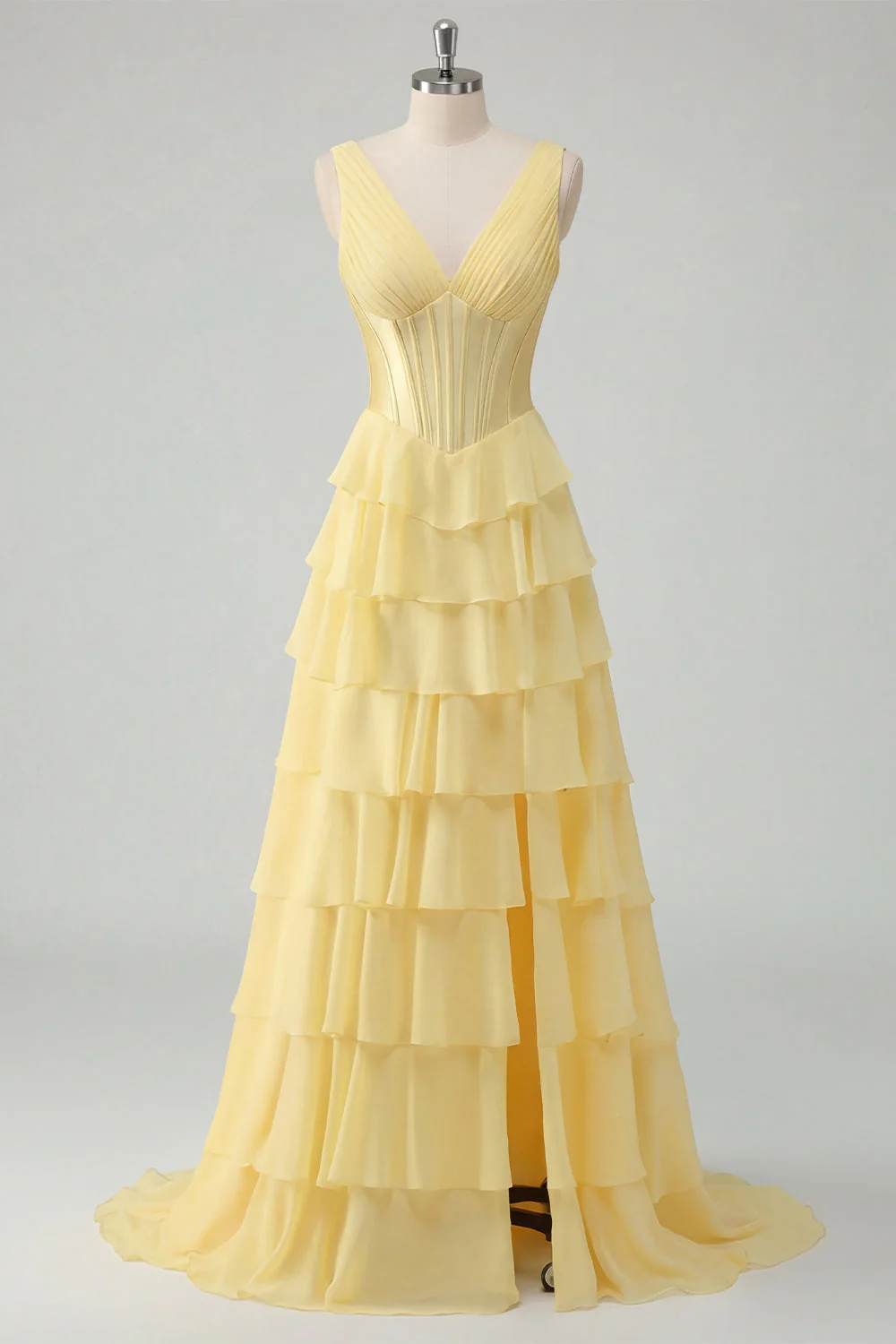 Butter Yellow A-Line V-Neck Corset Tiered Ruched Maxi Chiffon Dress with Slit