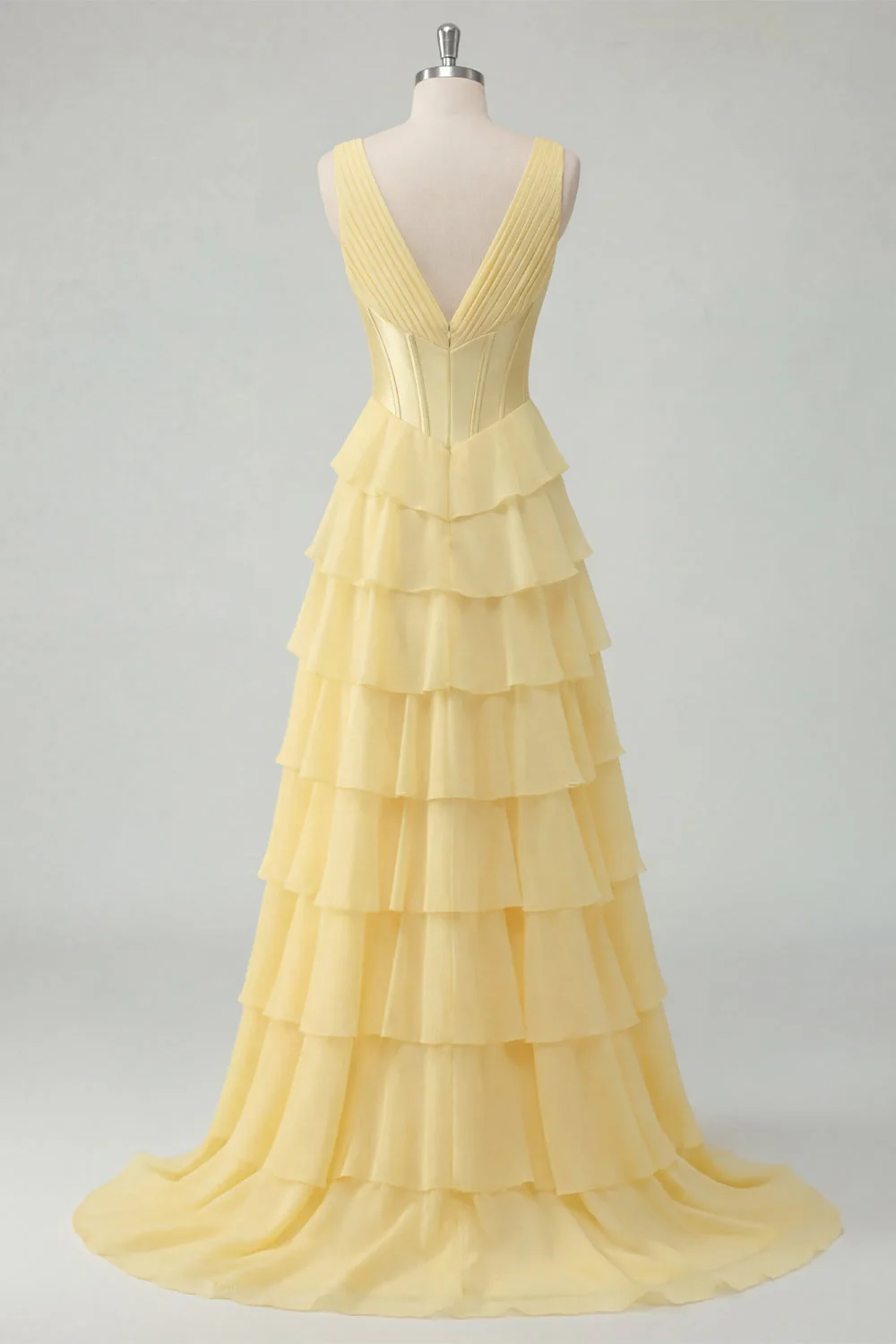 Butter Yellow A-Line V-Neck Corset Tiered Ruched Maxi Chiffon Dress with Slit - Image 2