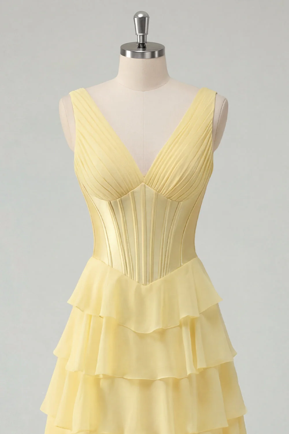 Butter Yellow A-Line V-Neck Corset Tiered Ruched Maxi Chiffon Dress with Slit - Image 3