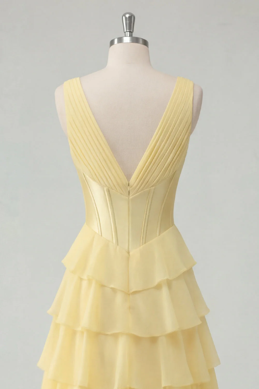 Butter Yellow A-Line V-Neck Corset Tiered Ruched Maxi Chiffon Dress with Slit - Image 4