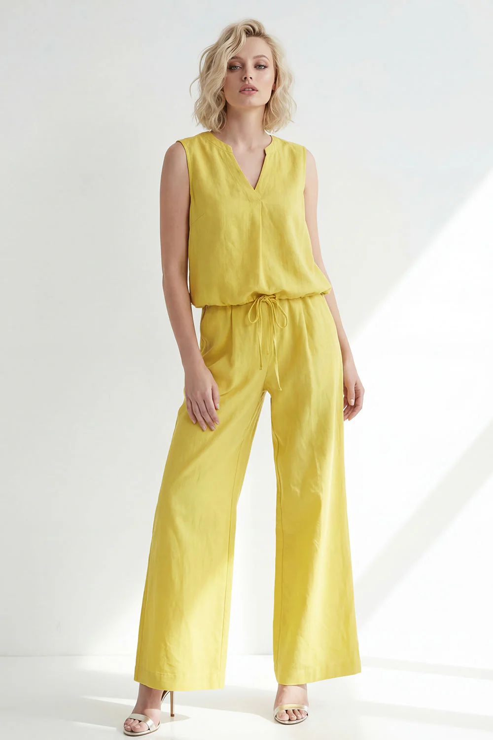 Butter Yellow V-Neck Long Women's Pantsuit