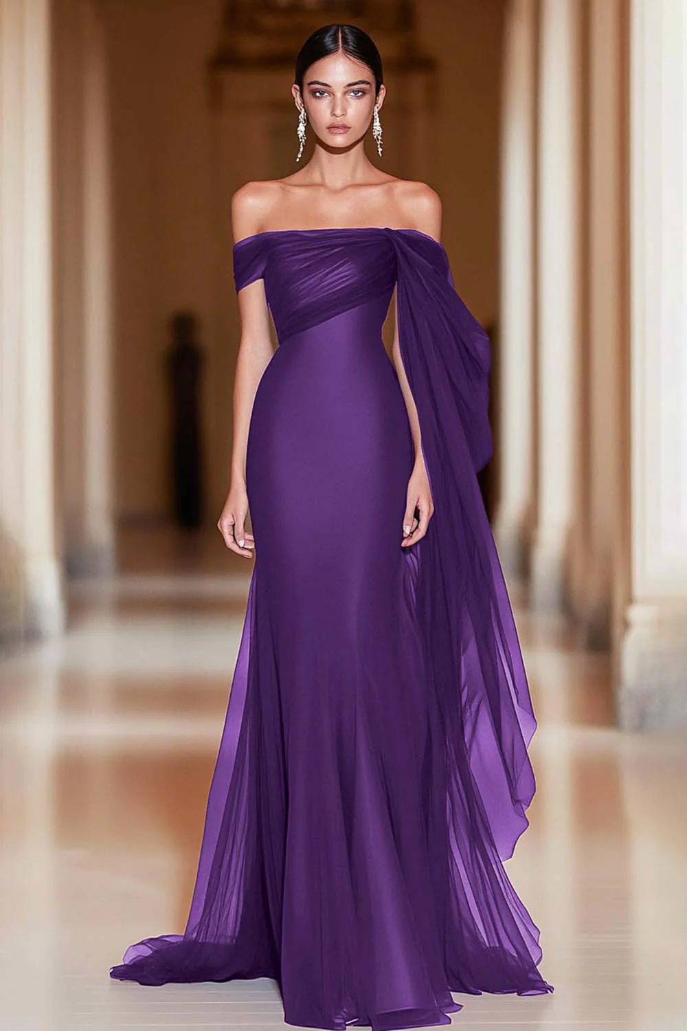 Cabernet Off the Shoulder Mermaid Tulle Long Military Ball Dress - Image 10