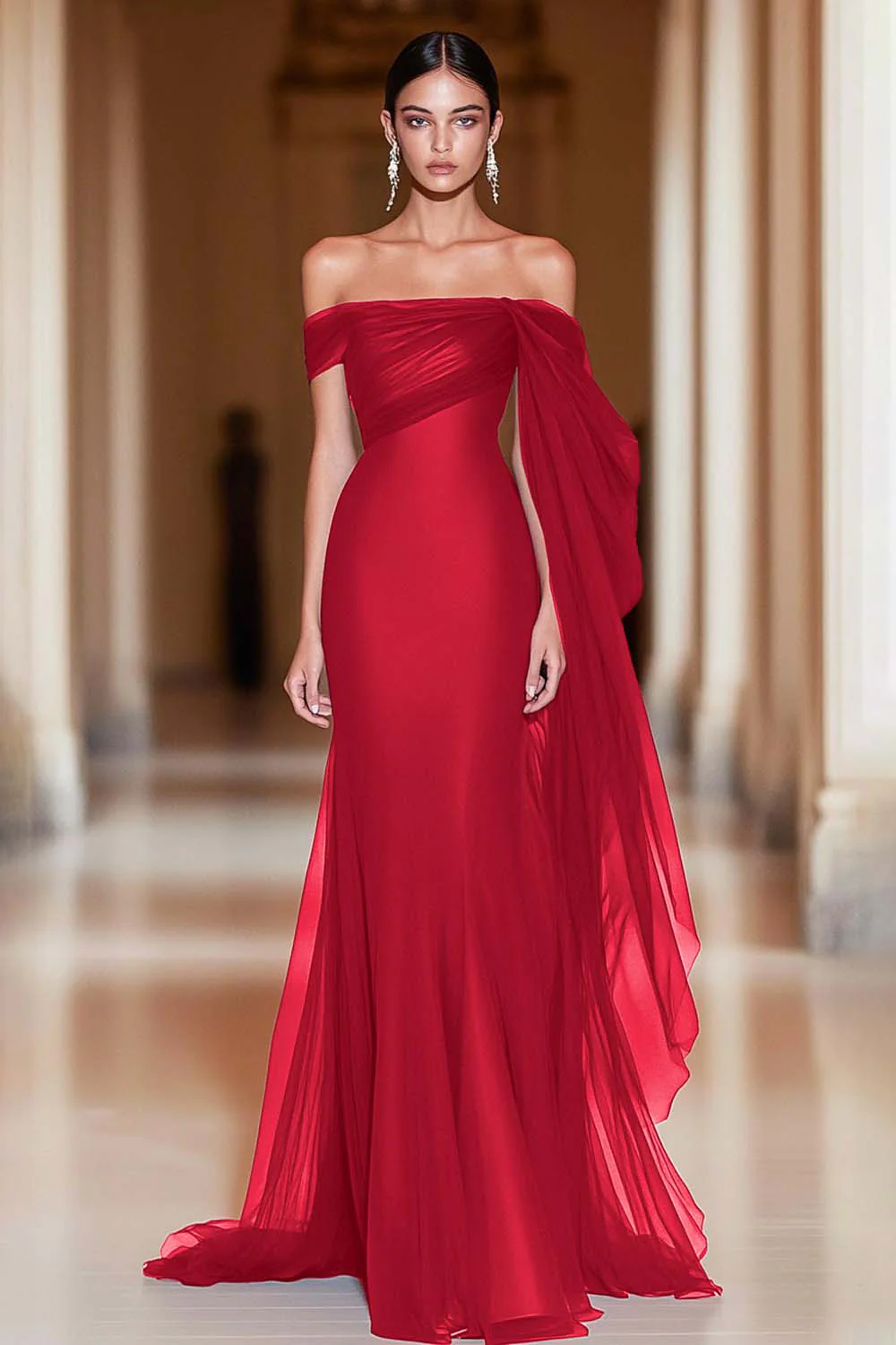 Cabernet Off the Shoulder Mermaid Tulle Long Military Ball Dress - Image 11