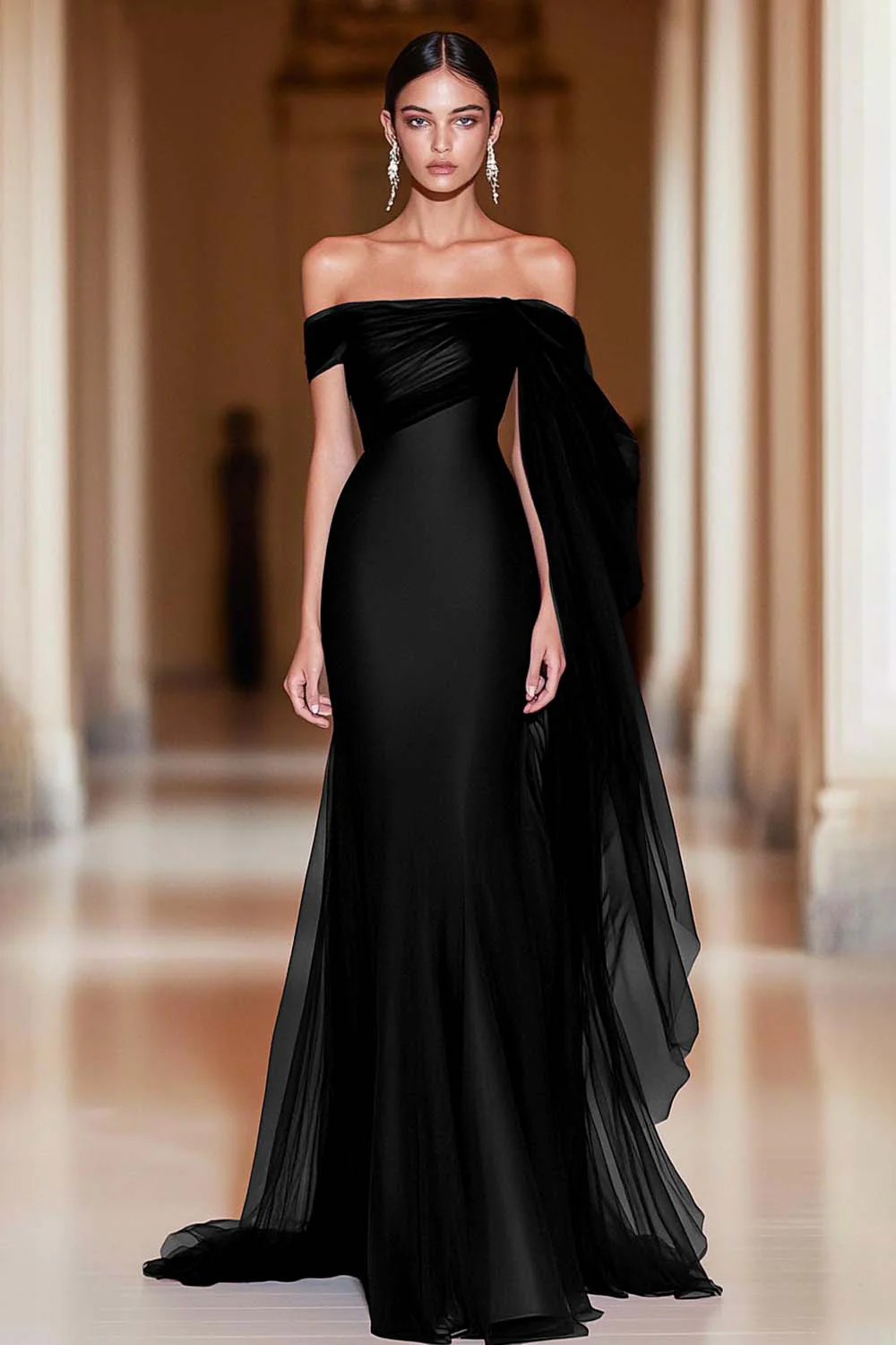 Cabernet Off the Shoulder Mermaid Tulle Long Military Ball Dress - Image 3
