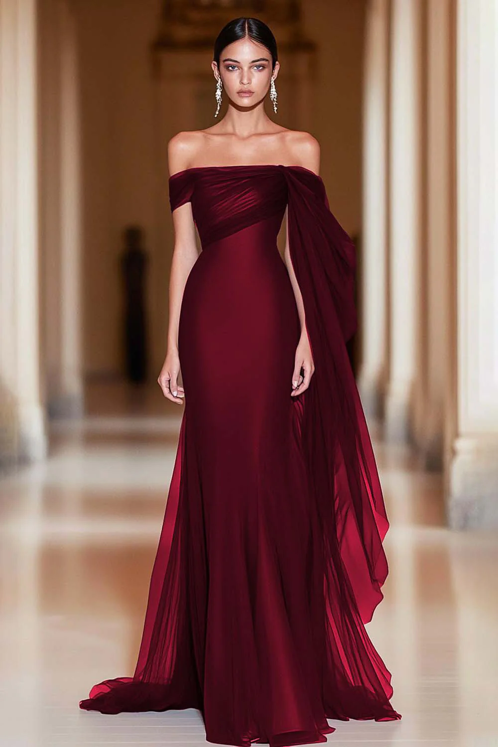 Cabernet Off the Shoulder Mermaid Tulle Long Military Ball Dress - Image 4