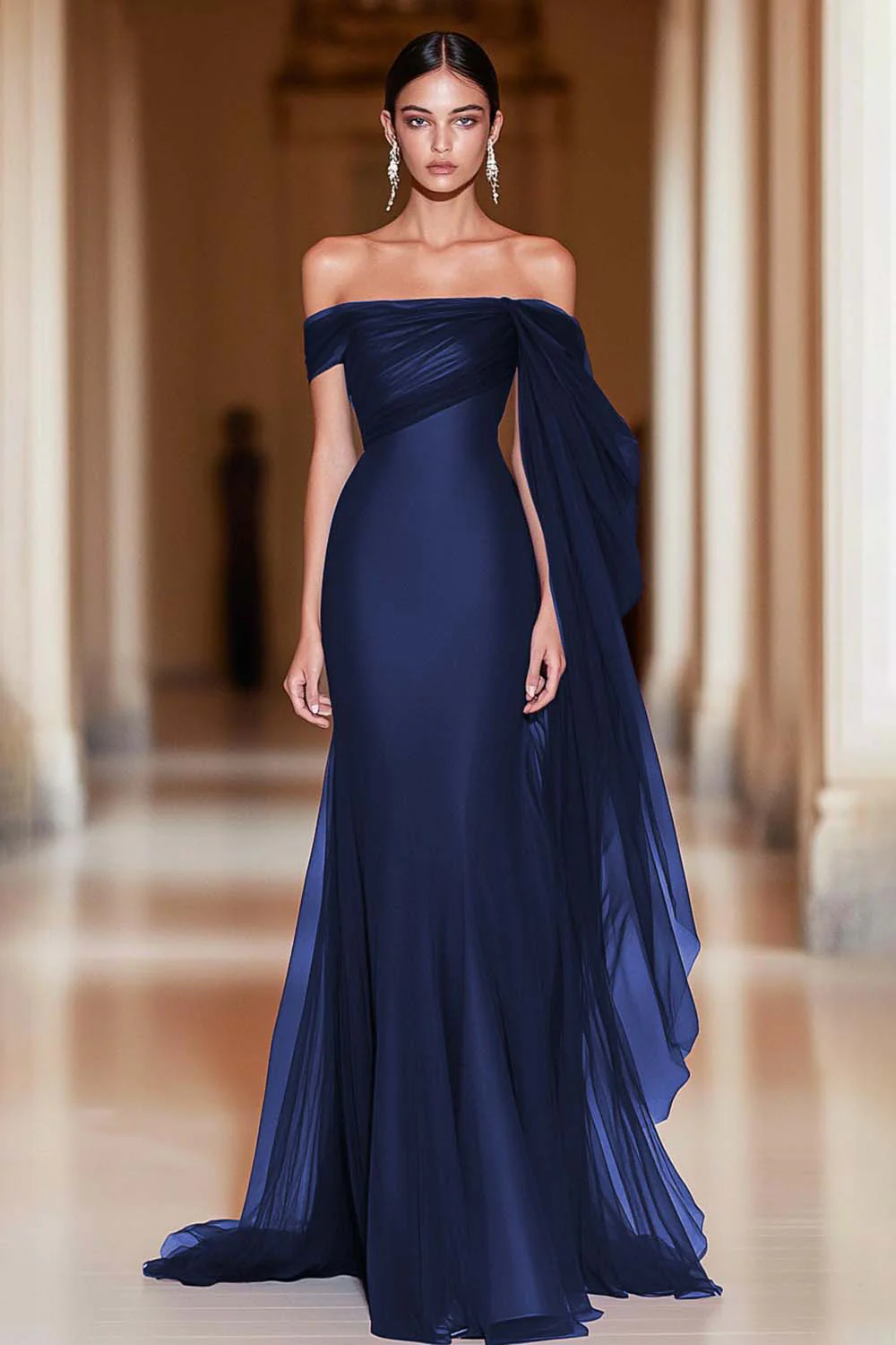 Cabernet Off the Shoulder Mermaid Tulle Long Military Ball Dress - Image 6