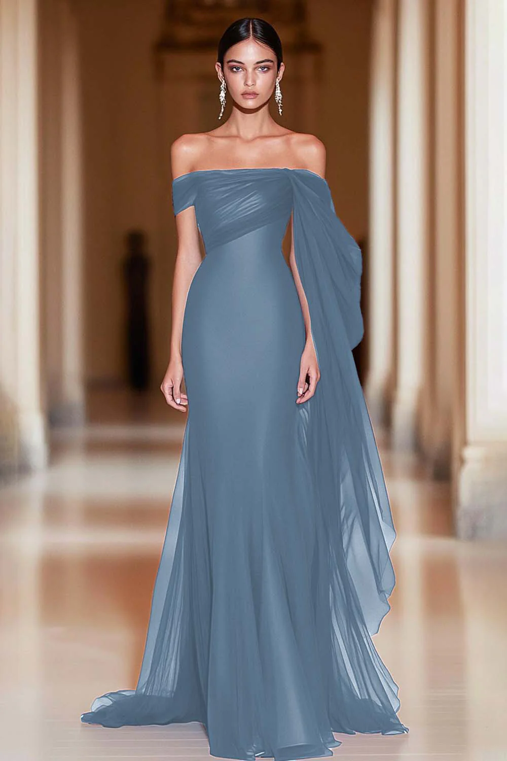 Cabernet Off the Shoulder Mermaid Tulle Long Military Ball Dress - Image 8